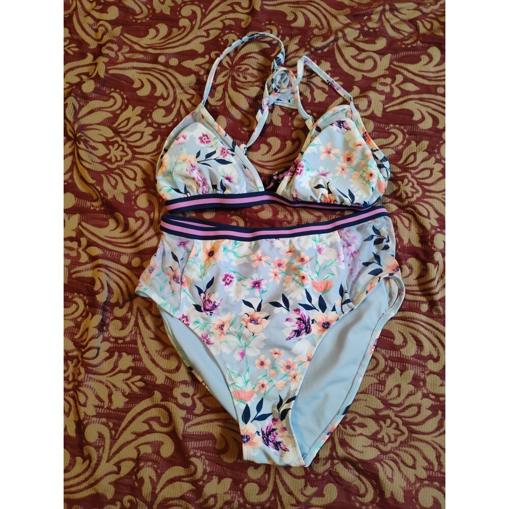 No Boundaries Women Floral Blue Bikini Swimsuit Large 11-13